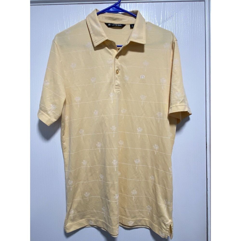 Travis Mathew Golf Polo Yellow Striped Palm Trees Cotton/Poly Mens Medium